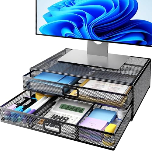 HUANUO 2 Tier Monitor Stand, Metal Monitor Riser with Drawer, Desk Organizer, Monitor Stand with Storage, Desktop Computer Stand for PC, Laptop, Printer