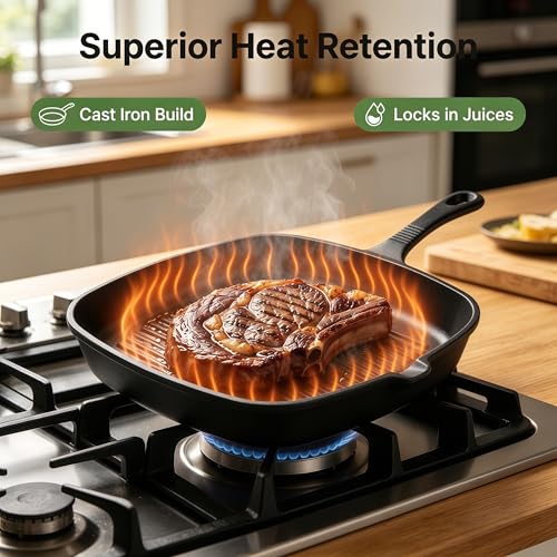 Cast Iron Grill Pan, 9.5" Square Griddle Skillet with Pour Spout, Oven Safe - Image 4
