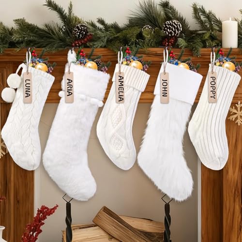 JOLCEEY 5 Pack Knitted Christmas Stockings, White Large Plush Knitted Xmas Hanging Stockings Decorations with Name Tags for Christmas Family Fireplace Decorations Socks