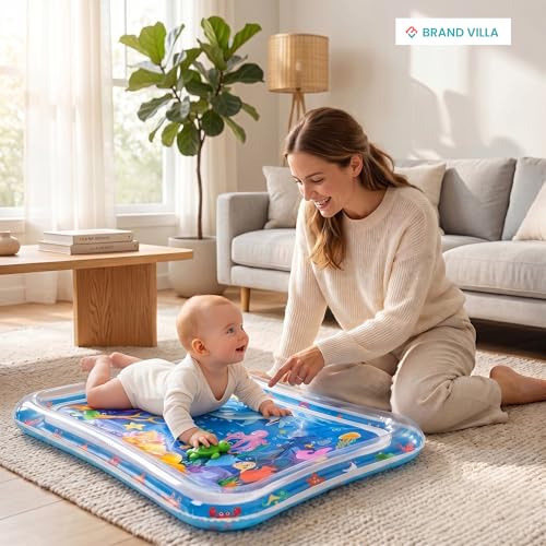 Image of BRAND VILLA Tummy Time Water Play Mat for Babies - Inflatable Sensory Activity Gym, Leak-Proof Infant Toy, Ocean Floor Play Mat for Motor Skill Development, Newborn Baby Essentials Gift (3-24 Months)