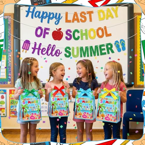 Gersoniel 24 Pack End of Year Clear Gift Bags with Handle Reusable Plastic Summer Vacation Tote Bags Colorful Summer Goodie Present Pouches for End of Year Party Favors Supplies, 7 x 10 x 3.15 Inch by Gersoniel - Image 4