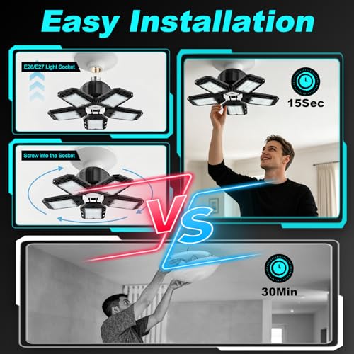 Image of Luyata LED Garage Lights 2 Pack, Ceiling LED Shop Light 180W 18000LM 6500K Screw in Led Light with 5+1 Deformable Panels, Bright Led Lighting for Garage Workshop Basement Support E26 /E27 Socket