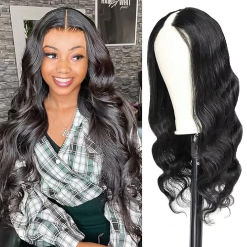 Image of V Part Wig Human Hair Body Wave Upgrade U Part Human Hair Wig 180 Density No Leave Out Glueless Clip In Half Wig Human Hair for Women Natural Black 18 Inch