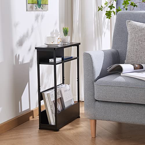 Vintage Narrow Side Table With Storage Shelf, 3 Tier Slim End Table Modern Sofa Table For Narrow And Small Spaces, 24.6 Inch Height Bedside Table Small Nightstand With Magazine Rack/Black #TOP7