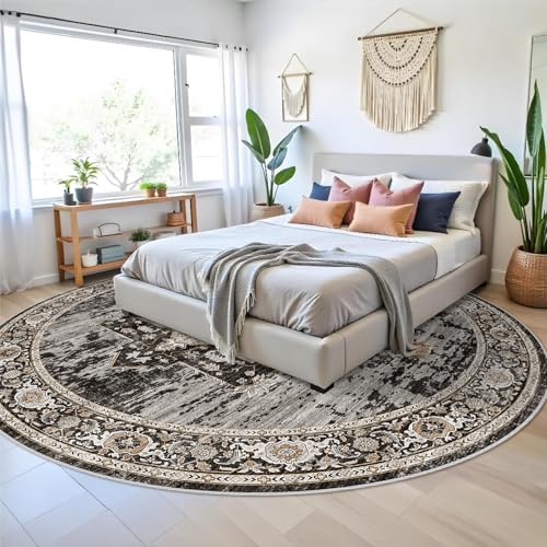 RUUGME Washable 9ft Round Rug - Large Boho Rugs for Living Room Stain Resistant Carpet Vintage Tribal Rugs for Bedroom Kitchen Dining Room with Non Slip Backing Decor Floor Mat 9ft Black