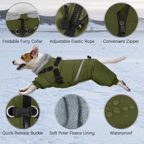 Image of BRKURLEG Dog Winter Coat with Harness Built in, Winter Dog Jackets for Small and Medium Dogs, Small Dog Snowsuit Reflective Windproof Cold Weather Dog Coat, Dog Warm Fleece Coat, Army Green, L