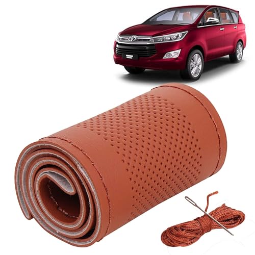 Image of KINGSWAY PU Leatherite Car Steering Cover Sewable Compatible with Toyota Innova Crysta (Year 2015-2021), Tan Color with Tan Thread, Pack of 1 with Sewing Needle and Thread