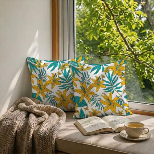Housses de coussin 80x80 aspect lin imperméable de qualité supérieure jaune - 4
