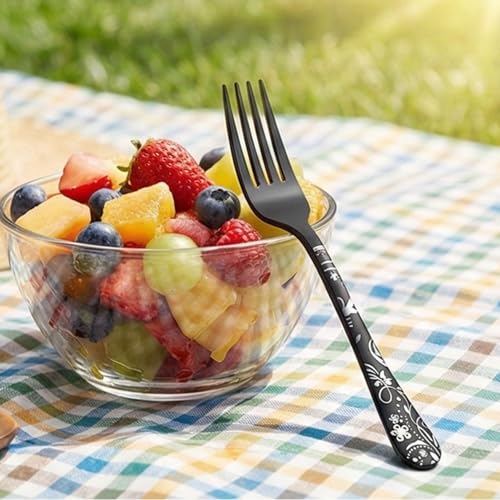 Image of 6.7 inch Charcoal Black Salad Forks with Floral Printed Handle | Set of 5 Durable Stainless Steel Fruit Forks | Mirror Polished Silverware for Home, Restaurants, and Gift Giving