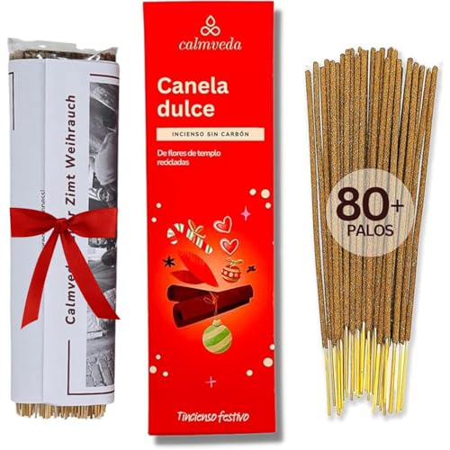 Calmveda Incienso de Canela Candy - (80 Varitas) Sin Carbón, Hecho con Flores Recicladas | Aroma a Canela, Naranja y Vainilla Cremosa | para Celebraciones o Decoración | Incienso Relajante