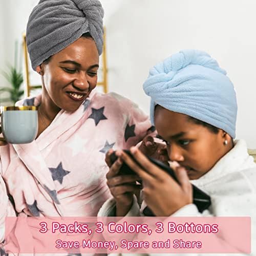 FREATECH 3-Pack Microfiber Hair Towel Wrap - Super Soft and Absorbent, Fast Drying Hair without Frizz, Less Blow Drying, Microfibre Hair Turban with 3 Buttons for Women, Kids, Long Curly Thick Hair