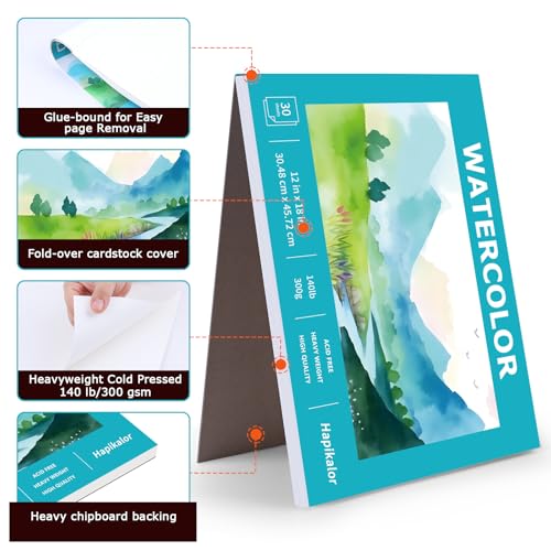 Image of Hapikalor 12 inchx18 inch Large Watercolor Paper Pad, 1-Pack 30 Sheets 140lb /300gsm Artist Large Sketchbook Drawing Paper Book, Art Supplies for Adults Kids, Watercolors, Watercolor Paint Set, Sketchbook,Teal