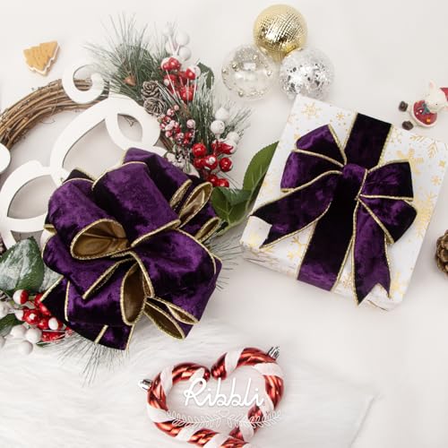 Image of Ribbli Purple Velvet Wired Ribbon 1.5 Inch Metallic Purple Gold Crushed Velvet Christmas Ribbon for Gift Wrapping Christmas Tree Decoration Crafts Wreaths Supplies-Continuous 10 Yards