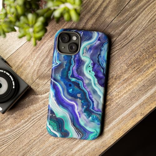 Coque iPhone 15 Plus rigide et brillante au motif tourbillon géode bleu - 3