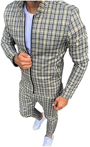 Hatop Mens Track Suits 2 Piece Casual Plaid Tracksuits Long Sleeve Jogging Suits Active Jackets and Pants Outfit, Khaki, XX-Large