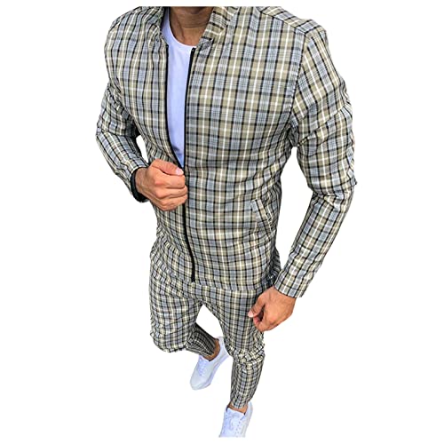 Men's Casual Plaid Two Piece Zipper Pocket Coat Drawstring Pocket Pants Set Slim Fit Wool Suits For Men Khaki #TOP26