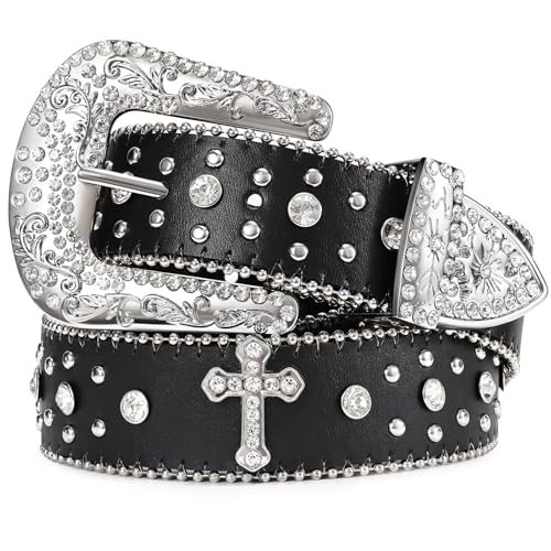 JASGOOD Rhinestone Studded Belt for Men Women, Western Leather Belt for Cowgirl Cowboy Vintage Bling Belt for Pants Dress