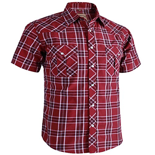 Coevals Club Men's Casual Plaid Pearl Button Snap Front Short Sleeve Shirt Regular Fit (Red/White #8, M)