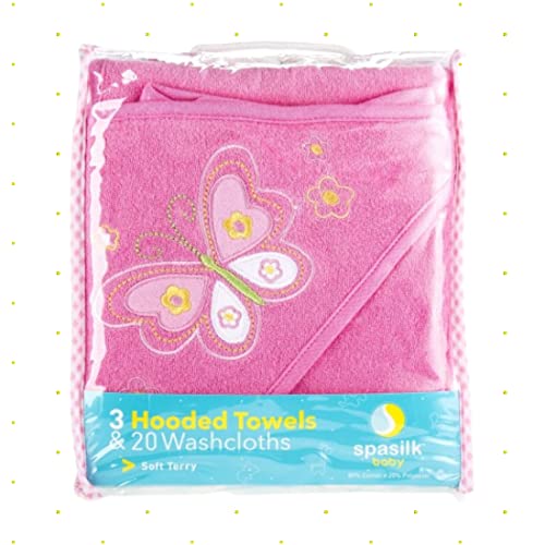 Image of Spasilk Bath Hooded Towels & Washcloths Set for Babies, 23-Piece Gift Set, Pink Butterfly, (Gift GBA23 07)