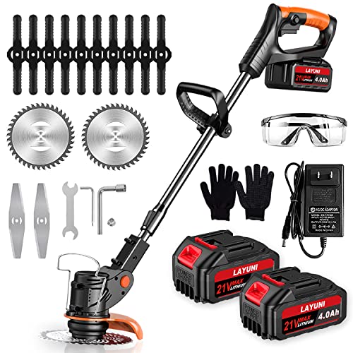LAYUNI Cordless Weed Wacker, 21V Electric Weed Trimmer Battery Powered with 2X 4.0Ah Batteries, 3 in 1 Stringless Grass Trimmer/Edger/Brush Cutter with 3 Types Blade for Lawn Yard Garden