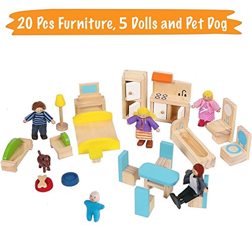 PIDOKO KIDS Skylar Wooden Dollhouse - Includes 20 Pcs Furniture Accessories, 5 Family Dolls and a Pet Dog - Wood Doll House for 3 4-5 Year Old Girls & Boys