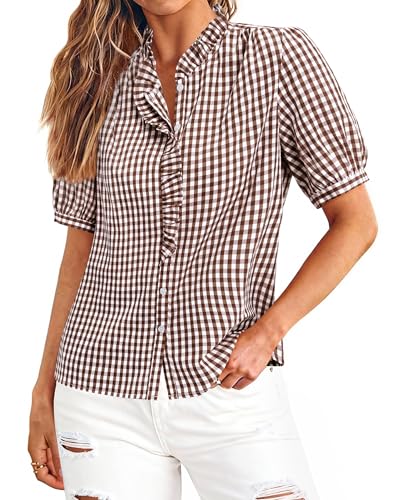 siliteelon Womens Plaid Shirts Gingham Top Short Sleeve Button Down