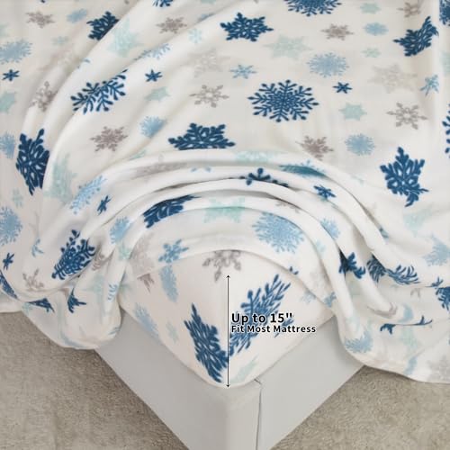 Image of Viviland Plush Christmas Holiday Micro Fleece Queen Bed Sheet Set, Soft Fuzzy Polar Fleece Velour Velvet Queen Snowflake Printed Sheets, Extra Warm Winter Fleece Bed Sheets