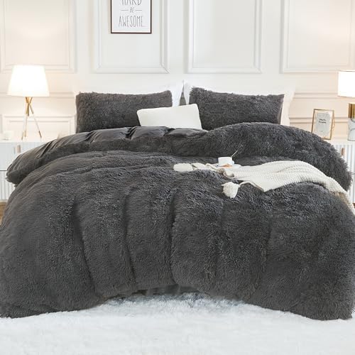 Andency Faux Fur Dark Grey Comforter Full Size, 3 Pieces Fluffy Fuzzy Plush Gray Bedding Comforter Set (1 Shaggy Velvet Comforter & 2 Pillowcases), Soft Puffy Comfy Bedding Set