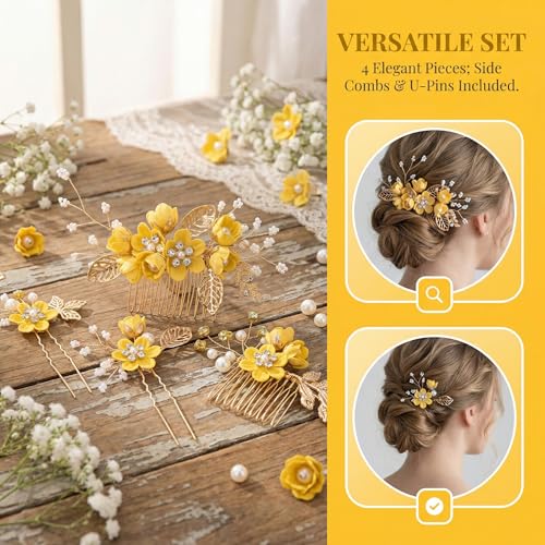 Pinzas para el cabello flores camelia 4 piezas amarillo miniatura 3