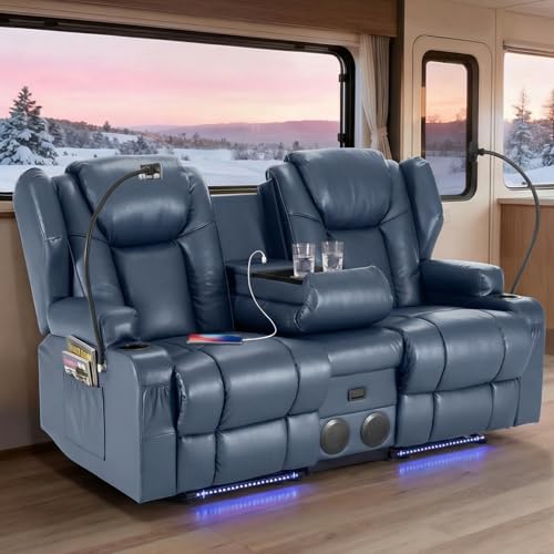 Image of Redlife Power Loveseat Recliner Sofa with Console, PU Leather Dual Reclining Couch with Blue LED Lights, Bluetooth Speakers, USB Ports, Phone Holders, Home Theater & RV Recliner (Blue)