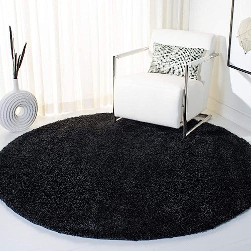 Image of Solid Fluffy Rugs and Carpet for Hall and Drawing Room 5x5 Round Black Color