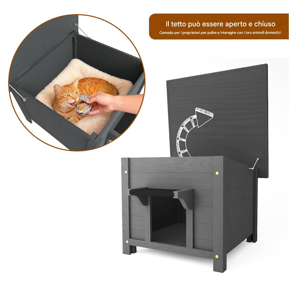 BAKAJI Cuccia per Animali Domestici Grigia in Legno, Casetta per Cani e Gatti con Tetto Apribile, Casa, Esterno Interno Resistente Intemperie e Agli Agenti Atmosferici, Tettoia Asfaltata, 60x58x47cm