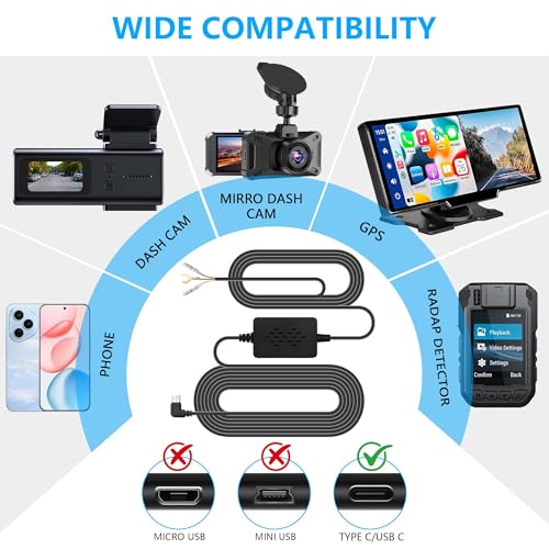 GINTOOYUN 3.3m/10.82in Car Recorder Hardwired Kit USB C Port Type-C USB Hard Wired with Fuse 12V-24V to 5V for Driving Recorder, GPS Power Supply, Radar Detector, etc