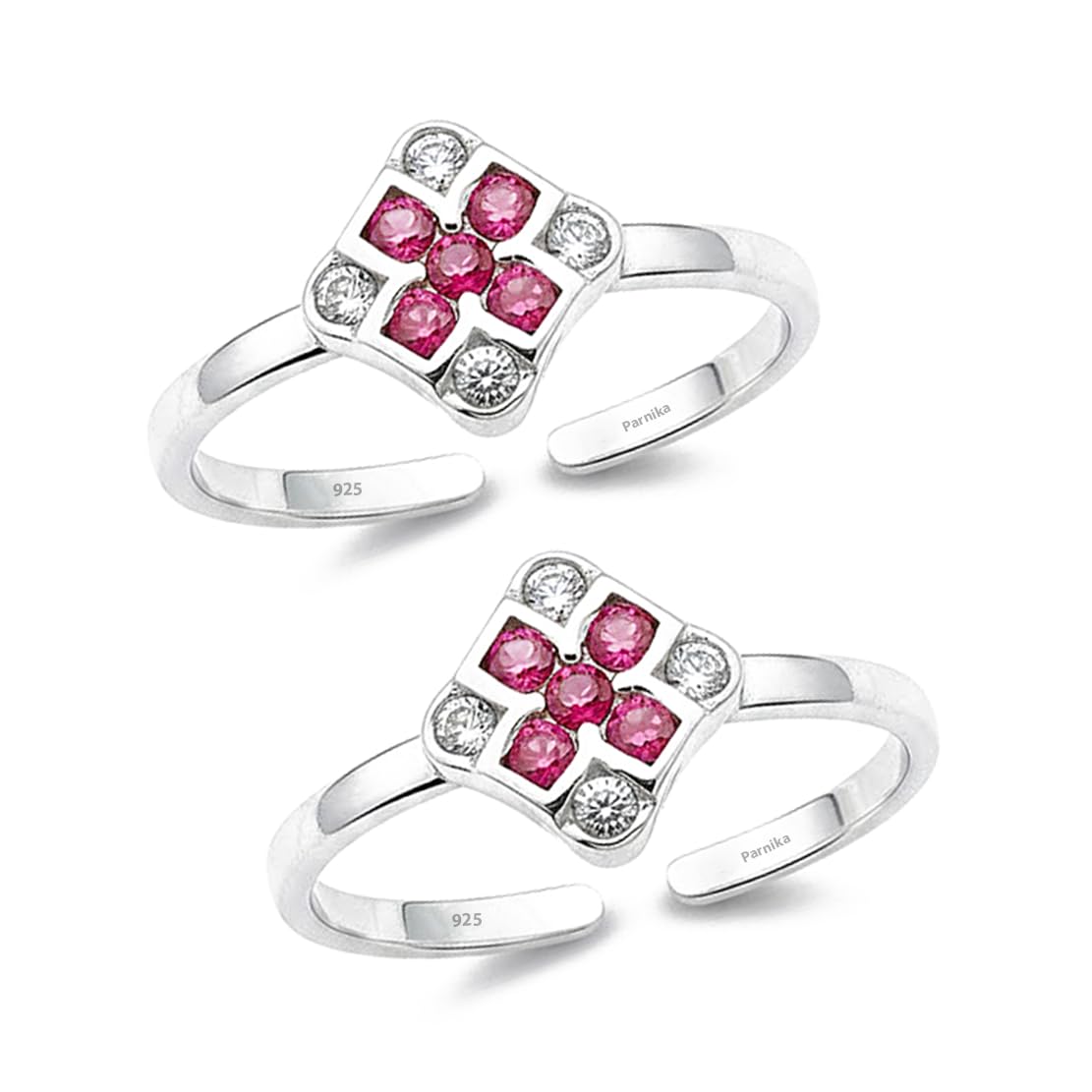 925 Sterling Silver Toe Rings for Women | Square Floral Design with Pink & White Stones | Adjustable Open Toe Ring Pair | Pure 92.5 Silver Bichiya for Women