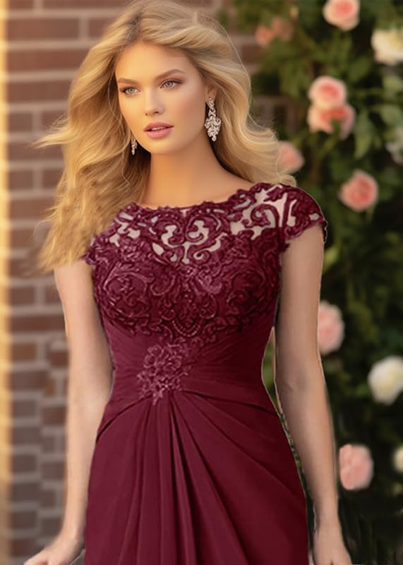 Mother of The Bride Dress Cap Sleeve Long Chiffon Lace Appliques Evening Formal Dress Scoop Neck Pleated Evening Gown2