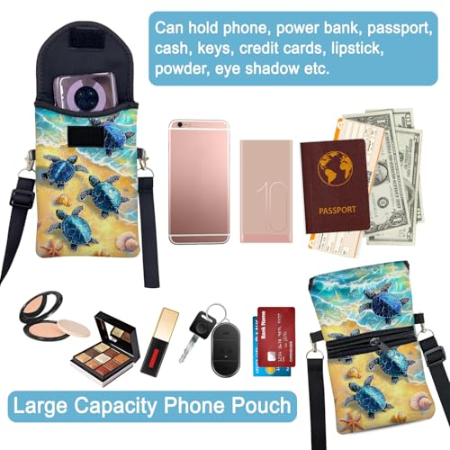 Image of Neoprene Cell Phone Sleeve Pouch Case Bag with Crossbody Strap Neck Lanyard for Women 7.5 X 4.3 in Turtle