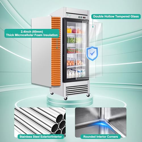 COOLCHEF 27" Commercial Glass Door Refrigerator, 23 Cu.Ft Single Door Reach-In Cooler, 33-40℉, Low-E Tempered Double Glass, 4 Shelves, R290 - Image 6