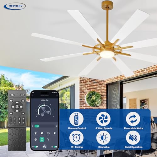 Image of Depuley 66-Inch Ceiling Fan with Light: Modern 8-Blade Brass and White Indoor Outdoor Fans with Remote App Control Dimmable Light - Ultra Quiet DC Motor Reversible 6 Speed Timer