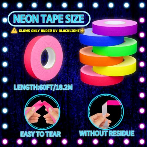 Image of SWRT Neon Gaffer Cloth UV Blacklight Tape for Father's Day Decorations, 6 Rolls Multi-Color UV Fluorescent Glow in The Dark Tape for Party Decoration, Dance Floors, UV Party (0.6 inch x 60 feet)