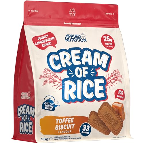 Applied Nutrition Cream of Rice - Hochwertiges Kohlenhydrat-Ergänzungsmittel, Energiequelle für Frühstück und Snacks, leicht verdaulich, wenig Zucker, wenig Fett, vegan (1kg, Toffee Biscuit)