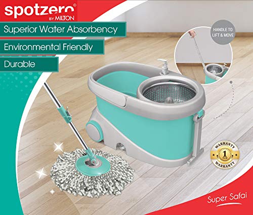 Spotzero By Milton Prime Spin Mop Bucket On Wheels Set, Extendable Handle And Stainless Steel Wringer | 360 Spinning Mop Bucket Floor Cleaning & Mopping System With 2 Microfiber Refills | Aqua Green #TOP4