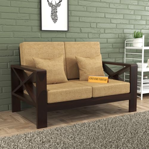 Image of KINGS HOME FURNITURE Sheesham Wooden 2 Seater Sofa for Living Room | Rosewood 2 Seater Cushion Sofa X-Legs | Solid Wood Sofa Set for Lounge (2 Seater,Walnut)