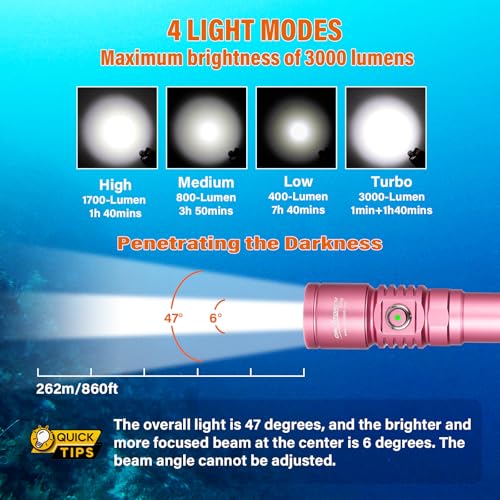 Image of ORCATORCH D710 Scuba Diving Light, 3000 Lumens Super Bright Underwater Flashlight with 6 Degrees Narrow Beam, IP68 Waterproof Night Dive Torch 150 Meters Submersible Light (Pink)
