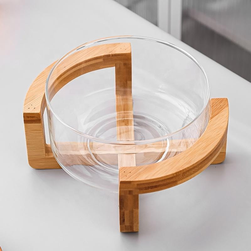 Image of Premium Glass Fruit Bowl with Natural Bamboo StandSet of 1, Large Modern Decorative Centerpiece for Kitchen Countertop Versatile Serving Bowl for Salads, Snacks, and Table Decor
