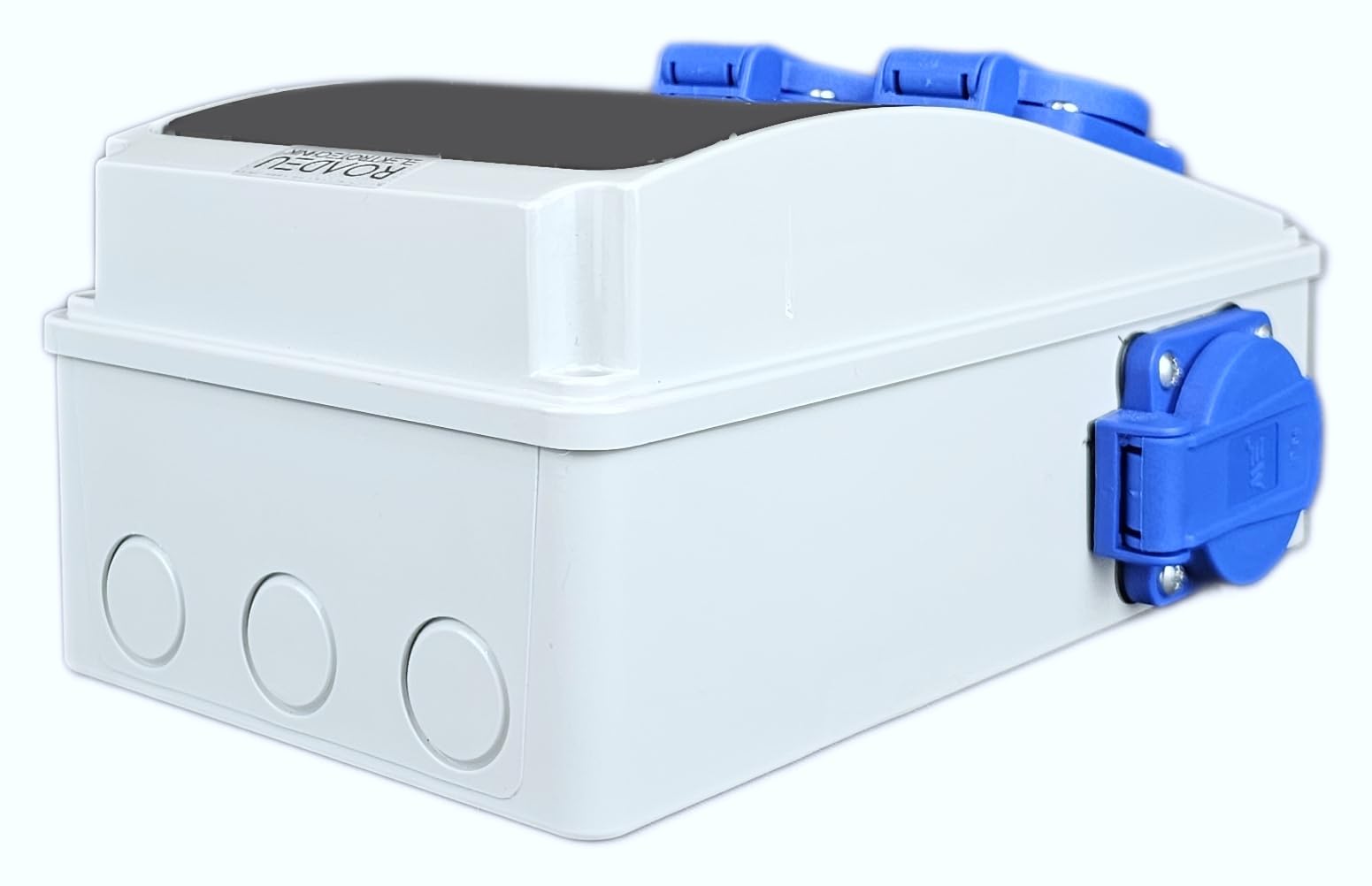 RoadEu - Stromverteiler 230V. 4x Schuko Steckdose mit Sicherungsautomat 16A. Baustromverteiler 16A mit FI Schalter. Steckdosen integriert mit Sicherungskasten. IP54 Wandverteiler - Aussen Wasserdicht