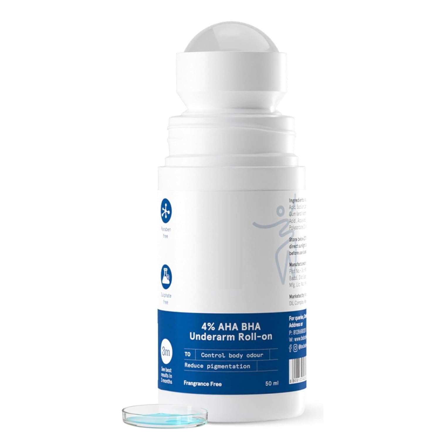 Generic 4% Aha Bha Underarm Roll On 50ml | 2% Lactic Acid, 1% Salicylic Acid | Controls Odour & Reduces Pigmentation | 0% Alcohol & 0% Aluminium | Fragrance Free