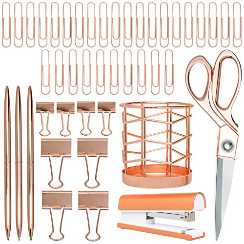 Rose Gold Desk Accessories | 7 Desktop Essentials (44 Items Total) | Office Supply Set & Organizer in Rose Gold Décor