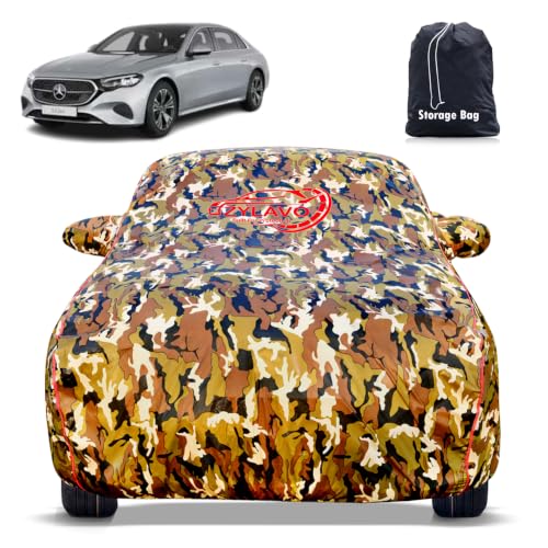 Image of Premium Car Cover for Mercedes E Class Model | Waterproof, UV & Dust Protection | Mirror & Antenna Pocket | Triple Stitched, Soft Inner Lining, Belt & Buckle (Jungle Print)