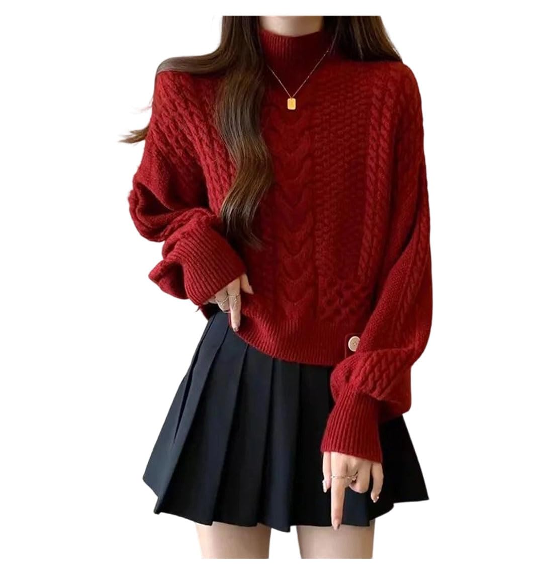Womens Winter Thick Twist Sweater Tops Semi-High Neck Knitted Tops Solid Color Loose Jumpers