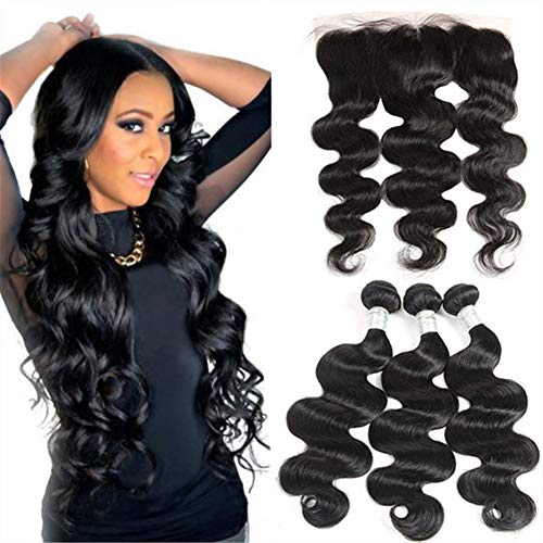 CZ Hair Brazilian Virgin Hair Body Wave 3 Bundles With Lace Frontal(13X4) 7A Unprocessed Virgin Human Hair bundles with ear to ear Lace closure Natural Color (18 20 22 with 16 frontal)
